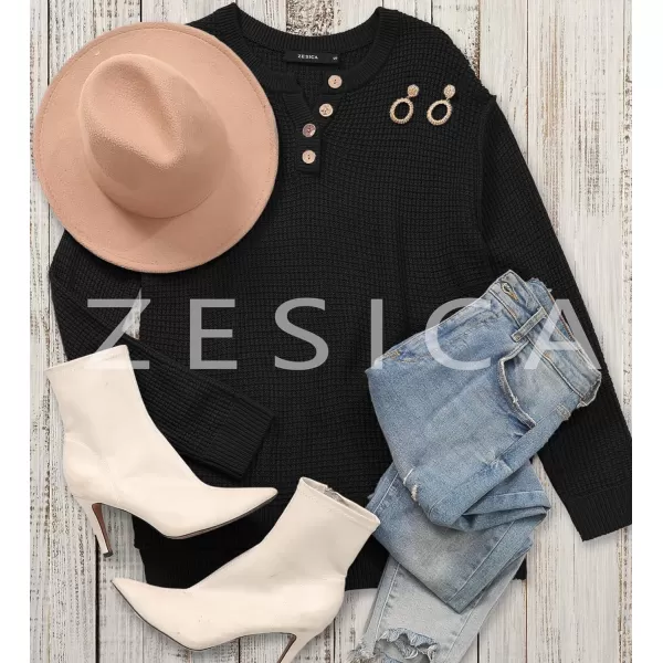 imageZESICA Womens 2023 Casual V Neck Sweater Loose Long Sleeve Waffle Knit Button Henley Pullover Jumper TopBlack