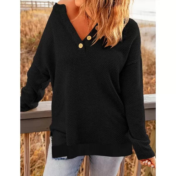 imageZESICA Womens 2023 Casual V Neck Sweater Loose Long Sleeve Waffle Knit Button Henley Pullover Jumper TopBlack