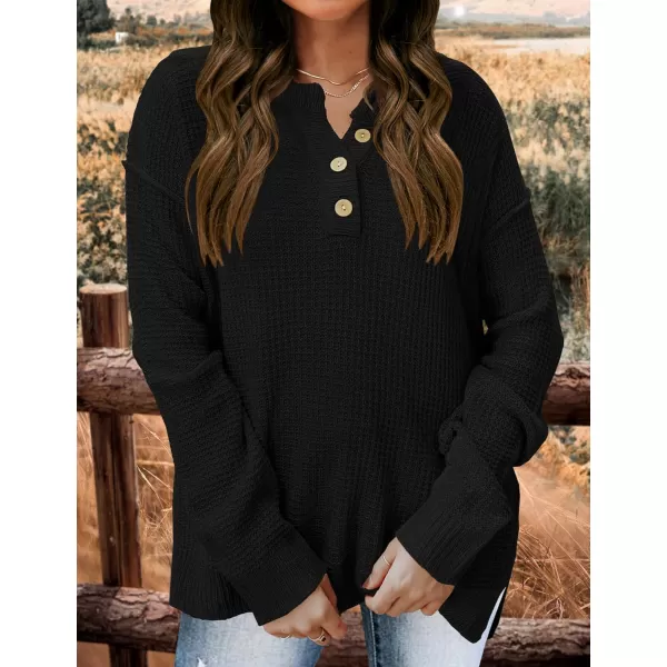 imageZESICA Womens 2023 Casual V Neck Sweater Loose Long Sleeve Waffle Knit Button Henley Pullover Jumper TopBlack