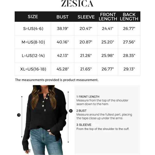 imageZESICA Womens 2023 Casual V Neck Sweater Loose Long Sleeve Waffle Knit Button Henley Pullover Jumper TopBlack