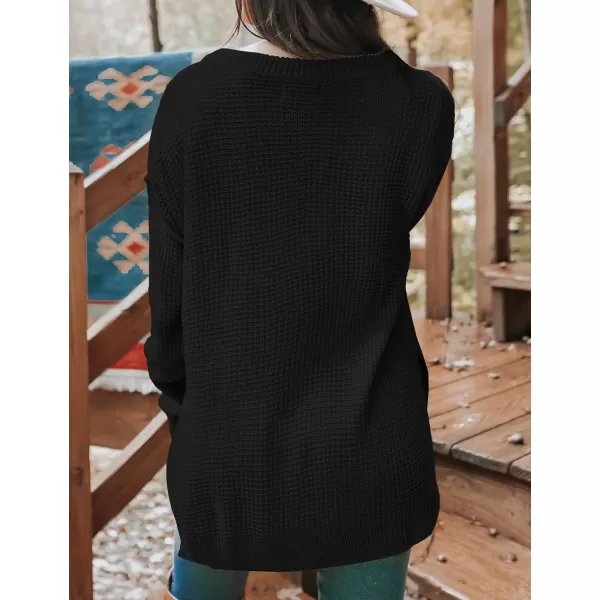 imageZESICA Womens 2023 Casual V Neck Sweater Loose Long Sleeve Waffle Knit Button Henley Pullover Jumper TopBlack