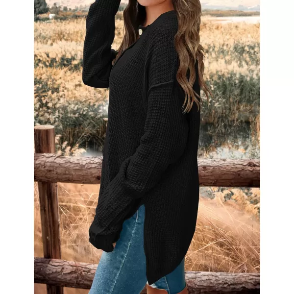 imageZESICA Womens 2023 Casual V Neck Sweater Loose Long Sleeve Waffle Knit Button Henley Pullover Jumper TopBlack