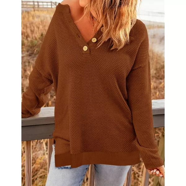 imageZESICA Womens 2023 Casual V Neck Sweater Loose Long Sleeve Waffle Knit Button Henley Pullover Jumper TopCaramel