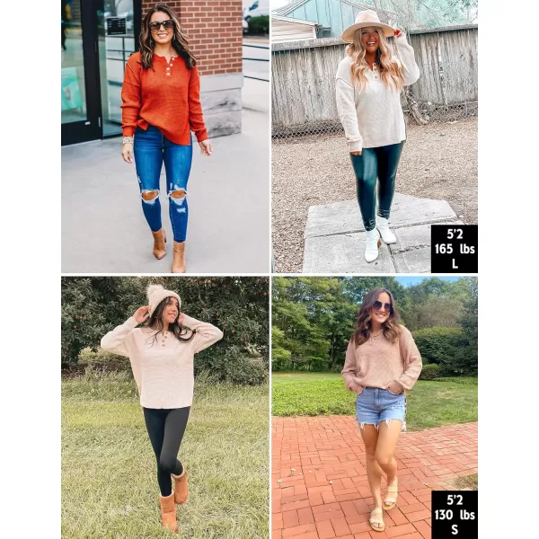 imageZESICA Womens 2023 Casual V Neck Sweater Loose Long Sleeve Waffle Knit Button Henley Pullover Jumper TopCaramel