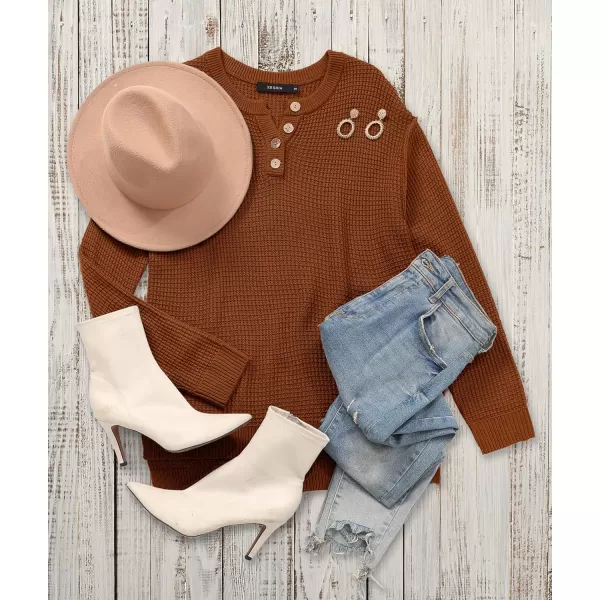 imageZESICA Womens 2023 Casual V Neck Sweater Loose Long Sleeve Waffle Knit Button Henley Pullover Jumper TopCaramel