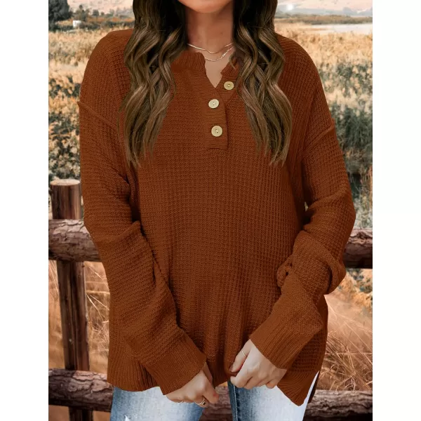 imageZESICA Womens 2023 Casual V Neck Sweater Loose Long Sleeve Waffle Knit Button Henley Pullover Jumper TopCaramel
