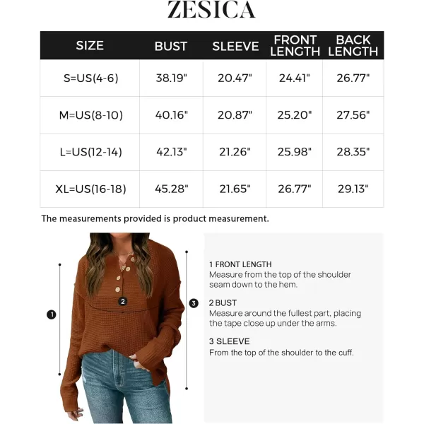 imageZESICA Womens 2023 Casual V Neck Sweater Loose Long Sleeve Waffle Knit Button Henley Pullover Jumper TopCaramel