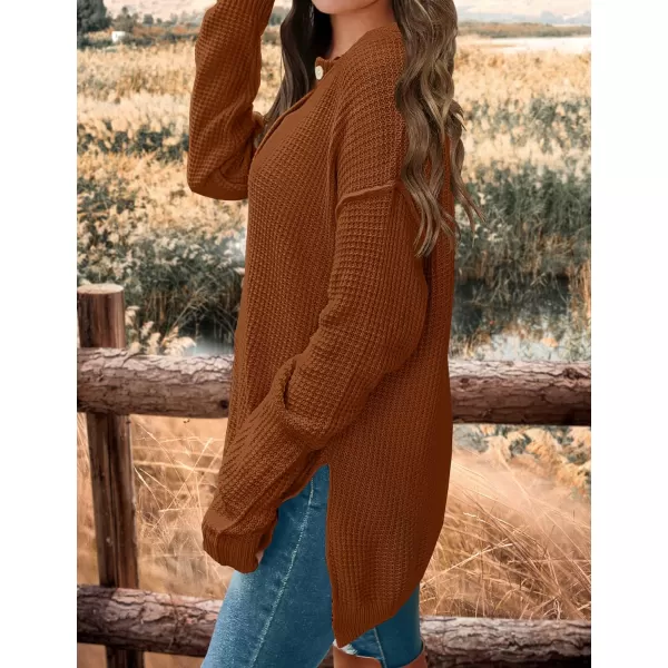 imageZESICA Womens 2023 Casual V Neck Sweater Loose Long Sleeve Waffle Knit Button Henley Pullover Jumper TopCaramel