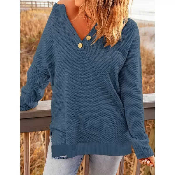 imageZESICA Womens 2023 Casual V Neck Sweater Loose Long Sleeve Waffle Knit Button Henley Pullover Jumper TopDustyblue