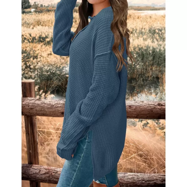 imageZESICA Womens 2023 Casual V Neck Sweater Loose Long Sleeve Waffle Knit Button Henley Pullover Jumper TopDustyblue