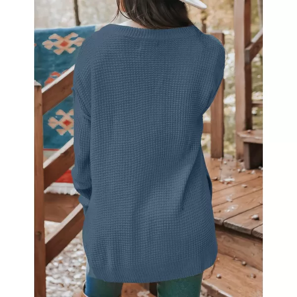 imageZESICA Womens 2023 Casual V Neck Sweater Loose Long Sleeve Waffle Knit Button Henley Pullover Jumper TopDustyblue