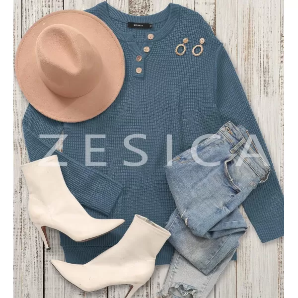 imageZESICA Womens 2023 Casual V Neck Sweater Loose Long Sleeve Waffle Knit Button Henley Pullover Jumper TopDustyblue