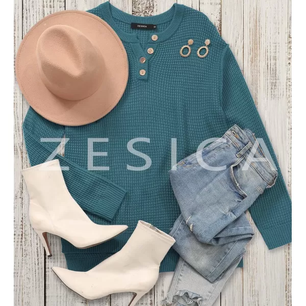 imageZESICA Womens 2023 Casual V Neck Sweater Loose Long Sleeve Waffle Knit Button Henley Pullover Jumper TopDustygreen