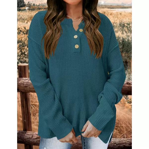 imageZESICA Womens 2023 Casual V Neck Sweater Loose Long Sleeve Waffle Knit Button Henley Pullover Jumper TopDustygreen