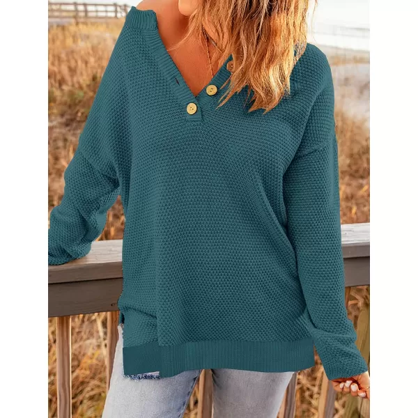 imageZESICA Womens 2023 Casual V Neck Sweater Loose Long Sleeve Waffle Knit Button Henley Pullover Jumper TopDustygreen