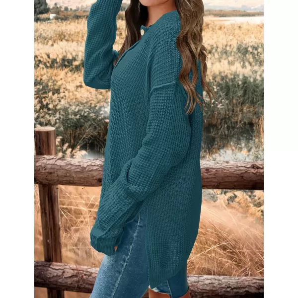 imageZESICA Womens 2023 Casual V Neck Sweater Loose Long Sleeve Waffle Knit Button Henley Pullover Jumper TopDustygreen