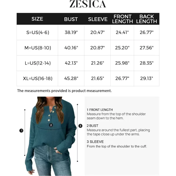 imageZESICA Womens 2023 Casual V Neck Sweater Loose Long Sleeve Waffle Knit Button Henley Pullover Jumper TopDustygreen