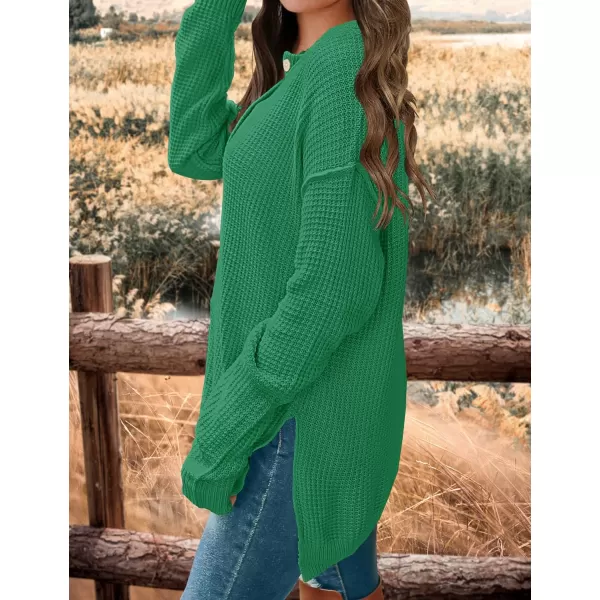 imageZESICA Womens 2023 Casual V Neck Sweater Loose Long Sleeve Waffle Knit Button Henley Pullover Jumper TopGreen