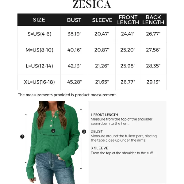 imageZESICA Womens 2023 Casual V Neck Sweater Loose Long Sleeve Waffle Knit Button Henley Pullover Jumper TopGreen