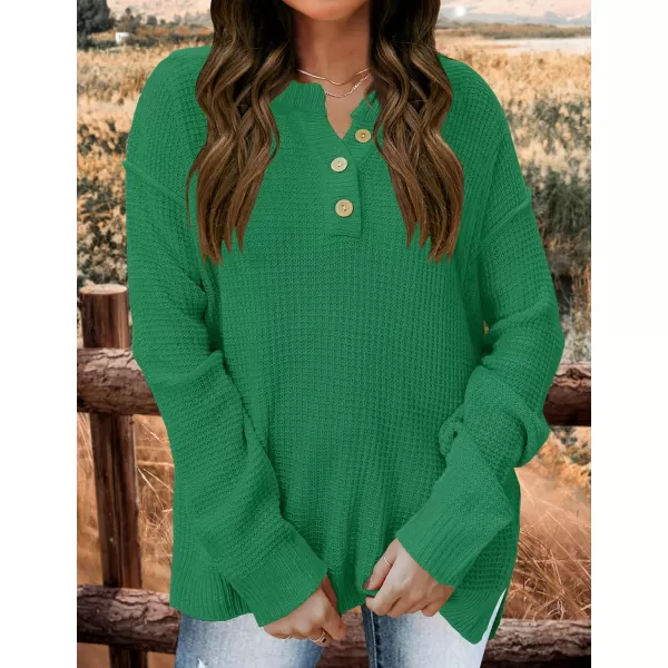imageZESICA Womens 2023 Casual V Neck Sweater Loose Long Sleeve Waffle Knit Button Henley Pullover Jumper TopGreen