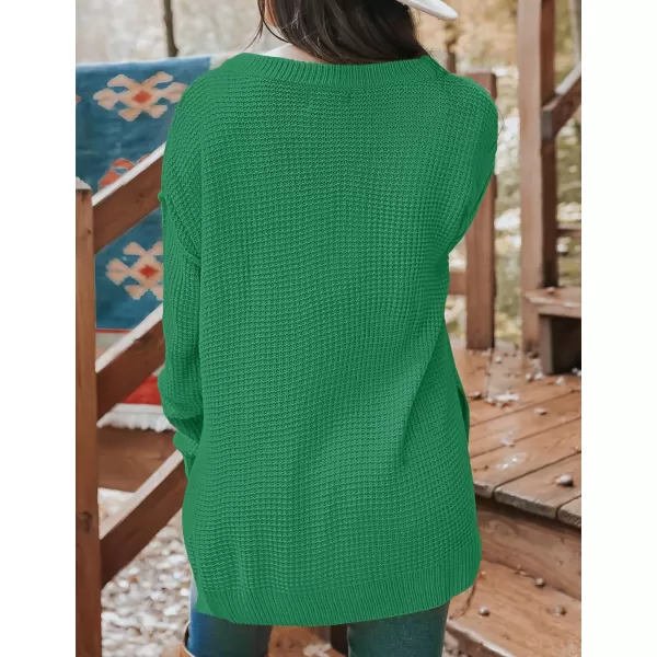imageZESICA Womens 2023 Casual V Neck Sweater Loose Long Sleeve Waffle Knit Button Henley Pullover Jumper TopGreen