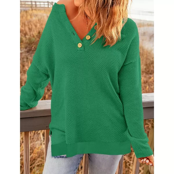 imageZESICA Womens 2023 Casual V Neck Sweater Loose Long Sleeve Waffle Knit Button Henley Pullover Jumper TopGreen