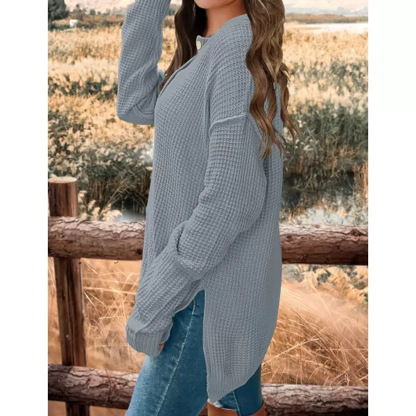 imageZESICA Womens 2023 Casual V Neck Sweater Loose Long Sleeve Waffle Knit Button Henley Pullover Jumper TopGrey