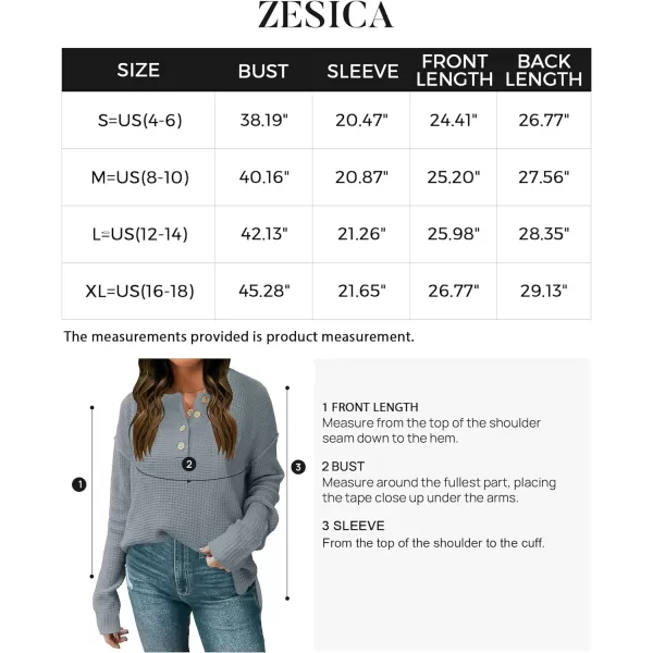 imageZESICA Womens 2023 Casual V Neck Sweater Loose Long Sleeve Waffle Knit Button Henley Pullover Jumper TopGrey