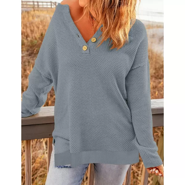 imageZESICA Womens 2023 Casual V Neck Sweater Loose Long Sleeve Waffle Knit Button Henley Pullover Jumper TopGrey