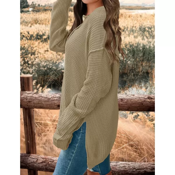 imageZESICA Womens 2023 Casual V Neck Sweater Loose Long Sleeve Waffle Knit Button Henley Pullover Jumper TopKhaki