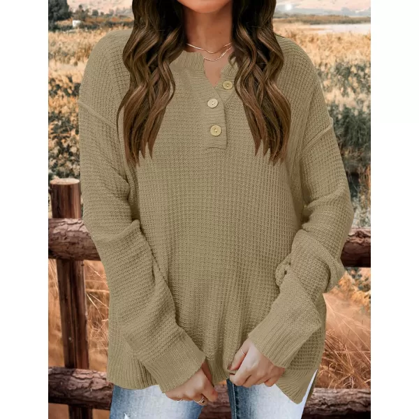 imageZESICA Womens 2023 Casual V Neck Sweater Loose Long Sleeve Waffle Knit Button Henley Pullover Jumper TopKhaki