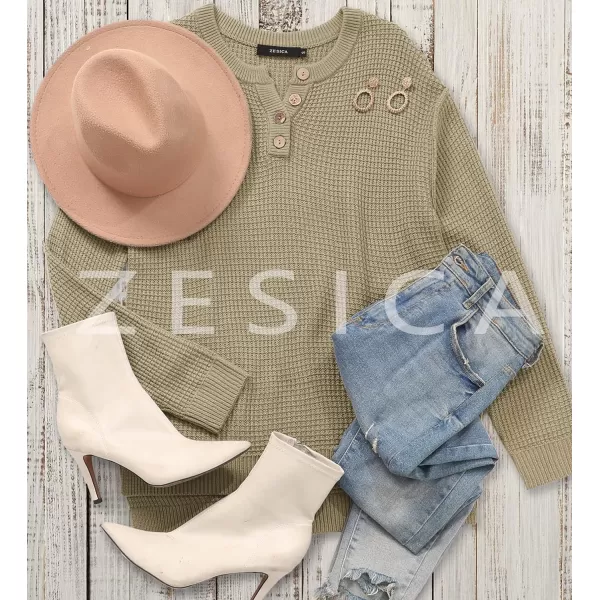 imageZESICA Womens 2023 Casual V Neck Sweater Loose Long Sleeve Waffle Knit Button Henley Pullover Jumper TopKhaki