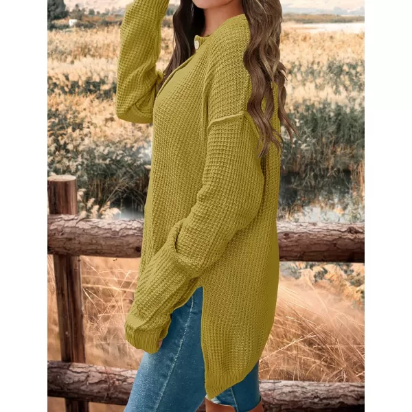 imageZESICA Womens 2023 Casual V Neck Sweater Loose Long Sleeve Waffle Knit Button Henley Pullover Jumper TopMustard