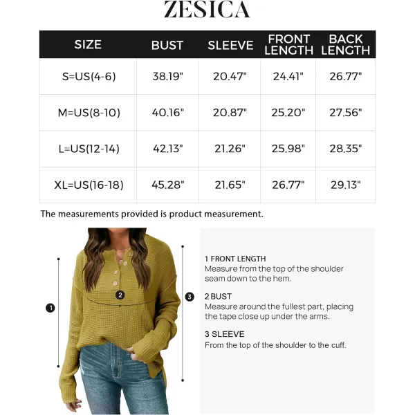 imageZESICA Womens 2023 Casual V Neck Sweater Loose Long Sleeve Waffle Knit Button Henley Pullover Jumper TopMustard