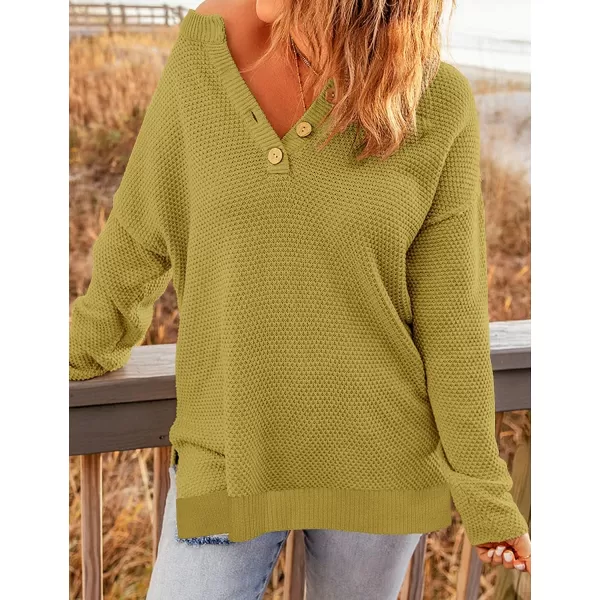 imageZESICA Womens 2023 Casual V Neck Sweater Loose Long Sleeve Waffle Knit Button Henley Pullover Jumper TopMustard