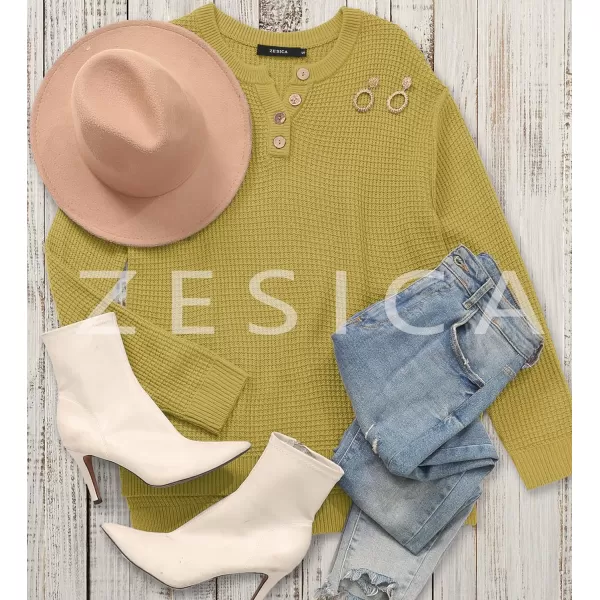 imageZESICA Womens 2023 Casual V Neck Sweater Loose Long Sleeve Waffle Knit Button Henley Pullover Jumper TopMustard