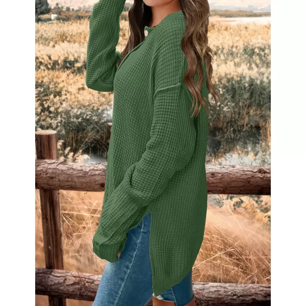 imageZESICA Womens 2023 Casual V Neck Sweater Loose Long Sleeve Waffle Knit Button Henley Pullover Jumper TopOlive