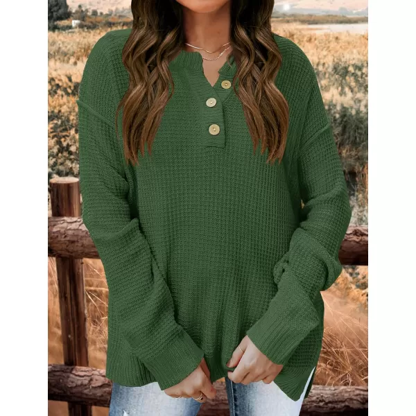 imageZESICA Womens 2023 Casual V Neck Sweater Loose Long Sleeve Waffle Knit Button Henley Pullover Jumper TopOlive