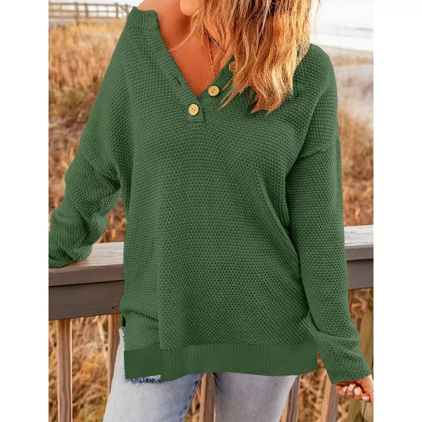 imageZESICA Womens 2023 Casual V Neck Sweater Loose Long Sleeve Waffle Knit Button Henley Pullover Jumper TopOlive