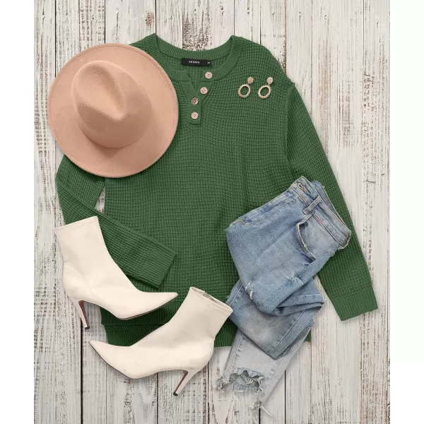 imageZESICA Womens 2023 Casual V Neck Sweater Loose Long Sleeve Waffle Knit Button Henley Pullover Jumper TopOlive