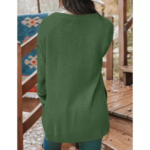 imageZESICA Womens 2023 Casual V Neck Sweater Loose Long Sleeve Waffle Knit Button Henley Pullover Jumper TopOlive