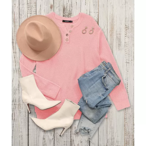 imageZESICA Womens 2023 Casual V Neck Sweater Loose Long Sleeve Waffle Knit Button Henley Pullover Jumper TopPink