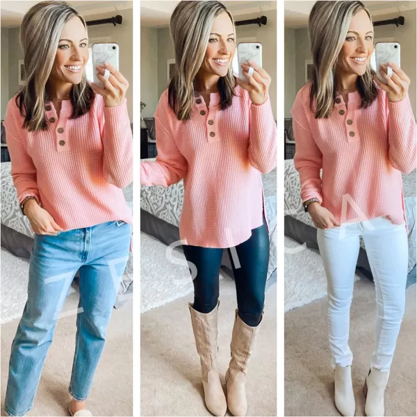 imageZESICA Womens 2023 Casual V Neck Sweater Loose Long Sleeve Waffle Knit Button Henley Pullover Jumper TopPink