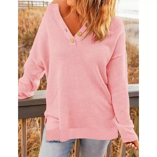 imageZESICA Womens 2023 Casual V Neck Sweater Loose Long Sleeve Waffle Knit Button Henley Pullover Jumper TopPink
