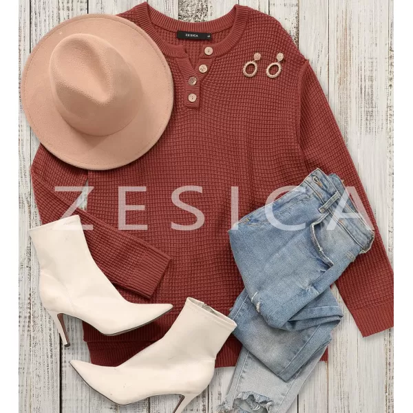imageZESICA Womens 2023 Casual V Neck Sweater Loose Long Sleeve Waffle Knit Button Henley Pullover Jumper TopRust