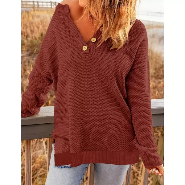 imageZESICA Womens 2023 Casual V Neck Sweater Loose Long Sleeve Waffle Knit Button Henley Pullover Jumper TopRust