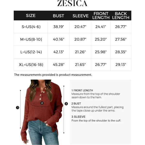 imageZESICA Womens 2023 Casual V Neck Sweater Loose Long Sleeve Waffle Knit Button Henley Pullover Jumper TopRust