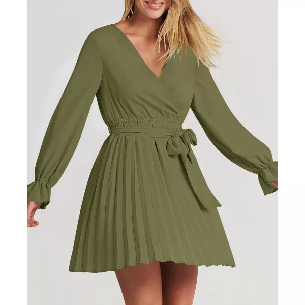 imageZESICA Womens 2023 Casual Wrap V Neck Long Sleeve Tie Waist Swing Pleated Wedding Guest Mini DressArmygreen