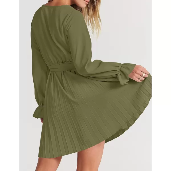 imageZESICA Womens 2023 Casual Wrap V Neck Long Sleeve Tie Waist Swing Pleated Wedding Guest Mini DressArmygreen