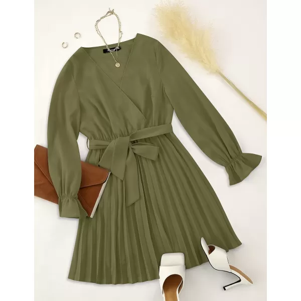 imageZESICA Womens 2023 Casual Wrap V Neck Long Sleeve Tie Waist Swing Pleated Wedding Guest Mini DressArmygreen